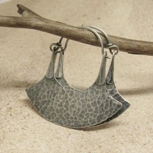 Large Sterling Silver Tribal Earrings, Forged Blade Hoop Earrings, Rustic Urban Metalsmith Jewelry