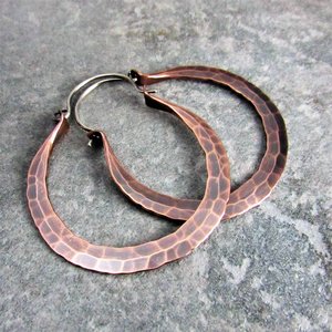 Hammered Copper Hoop Earrings, Sterling Silver Wires, Boho Rio Style