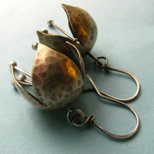 Tinkling Bell Flower Earrings, Brass and Sterling Silver, Mixed Metal Jewelry