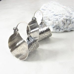 Hammered Sterling Silver Basket Hoop Earrings, Oxidized Finish