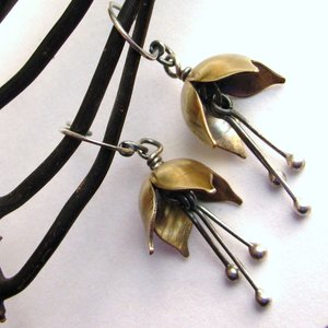 Small Bell Flower Earrings, Mixed Metal Sterling Silver And Bronze Earrings, Handcrafted Metalwork Jewelry