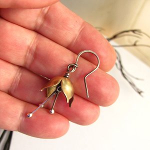 Small Bell Flower Earrings, Mixed Metal Sterling Silver And Bronze Earrings, Handcrafted Metalwork Jewelry