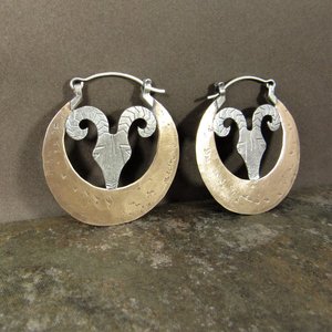 Rams Head Earrings, Large Silver And Bronze Exotic Statement Earrings,  Aries, Mixed Metal Design