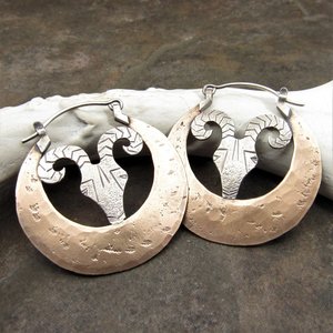 Rams Head Earrings, Large Silver And Bronze Exotic Statement Earrings,  Aries, Mixed Metal Design