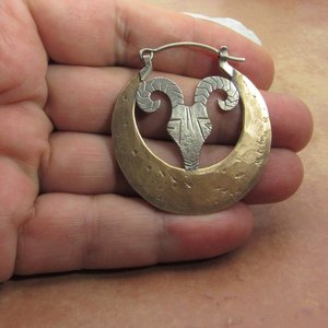 Rams Head Earrings, Large Silver And Bronze Exotic Statement Earrings,  Aries, Mixed Metal Design