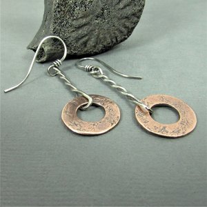 Rustic Silver And Copper Earrings,  Weathered Washer, Simple Rugged Design, Mixed Metal Jewelry