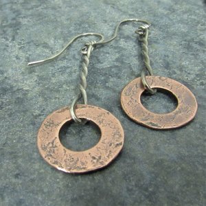 Rustic Silver And Copper Earrings,  Weathered Washer, Simple Rugged Design, Mixed Metal Jewelry