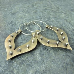 Pinned Lotus Tribal Earrings, Mixed Metal Sterling Silver and Bronze Hoops
