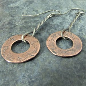 Rustic Silver And Copper Earrings,  Weathered Washer, Simple Rugged Design, Mixed Metal Jewelry