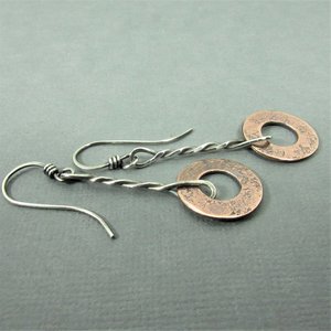 Rustic Silver And Copper Earrings,  Weathered Washer, Simple Rugged Design, Mixed Metal Jewelry