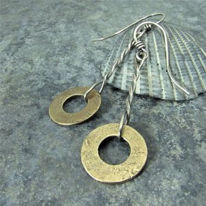 Mixed Metal Disk Earrings, Argentium Sterling Silver And Bronze, Two Tone