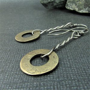 Mixed Metal Disk Earrings, Argentium Sterling Silver And Bronze, Two Tone