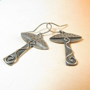 Whimsical Mushroom Earrings, Argentium Sterling Silver Fungi Jewelry