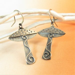 Whimsical Mushroom Earrings, Argentium Sterling Silver Fungi Jewelry