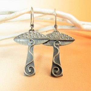 Whimsical Mushroom Earrings, Argentium Sterling Silver Fungi Jewelry