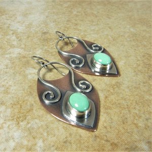 Mint Variscite Copper Sterling Silver Earrings, Boho Mixed Metal Jewelry