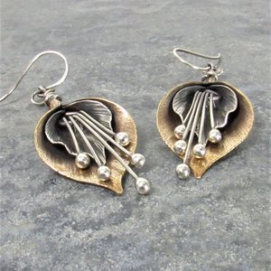 Mixed Metal Lily Earrings, Exotic Flower Earrings In Two Tone Bronze And Sterling Silver
