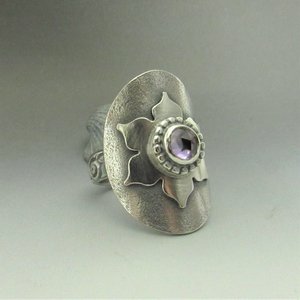 Amethyst Lotus Saddle Ring, Argentium Silver Size 8.5