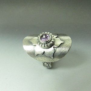 Amethyst Lotus Saddle Ring, Argentium Silver Size 8.5