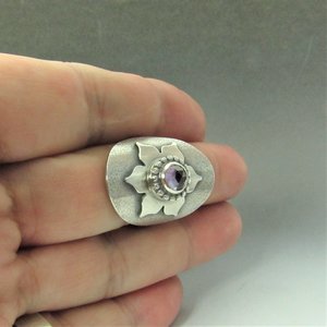 Amethyst Lotus Saddle Ring, Argentium Silver Size 8.5