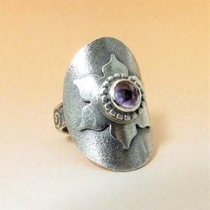Amethyst Lotus Saddle Ring, Argentium Silver Size 8.5