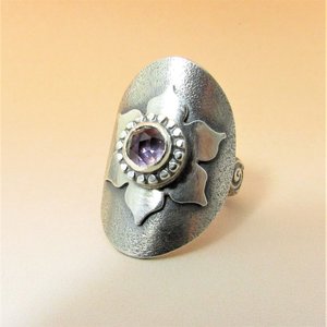 Amethyst Lotus Saddle Ring, Argentium Silver Size 8.5