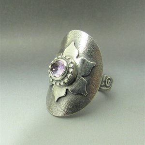 Amethyst Lotus Saddle Ring, Argentium Silver Size 8.5