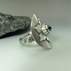 Amethyst Lotus Saddle Ring, Argentium Silver Size 8.5
