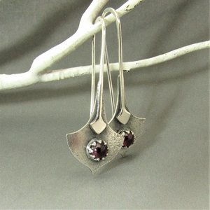 Argentium Silver And Garnet Earrings, Tribal Style Modern Metalsmith Jewelry