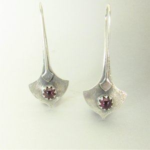 Argentium Silver And Garnet Earrings, Tribal Style Modern Metalsmith Jewelry