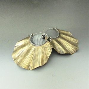 Large Ruffled Brass Earrings With sterling Silver Ear Wires, Nu Gold, Bohemian Style