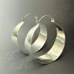 Hammered Argentium Sterling Silver Hoop Earrings, Large Statement Jewelry