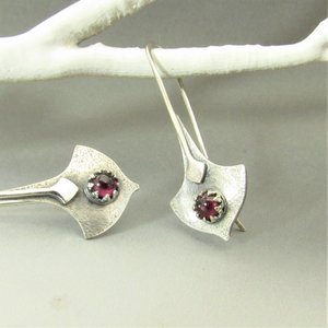 Argentium Silver And Garnet Earrings, Tribal Style Modern Metalsmith Jewelry