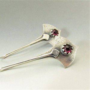Argentium Silver And Garnet Earrings, Tribal Style Modern Metalsmith Jewelry
