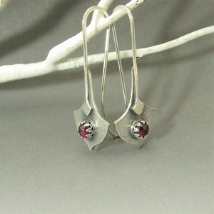 Argentium Silver And Garnet Earrings, Tribal Style Modern Metalsmith Jewelry