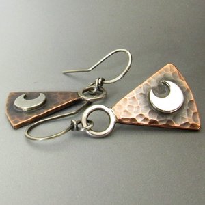 Moon Earrings, Sterling Silver And Copper Earrings, Geometric Mixed Metal  Lunar Jewelry By Mocahete