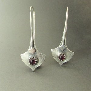 Argentium Silver And Garnet Earrings, Tribal Style Modern Metalsmith Jewelry