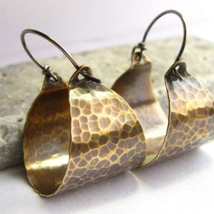 Rich texture classic basket style hoops in hammered bronze with SS ear wires Extensive hammered texture and a rich antique patina give these depth, beauty,  1 inch wide  x 1.5 tall, lightweight,  metalsmith jewelry, bohemian flair, Mocahete studio.