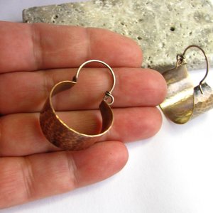 Hammered Mixed Metal Earrings, Sterling Silver And Bronze Basket Hoops