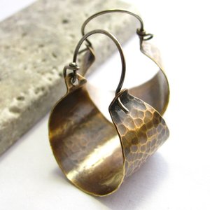 Hammered Mixed Metal Earrings, Sterling Silver And Bronze Basket Hoops