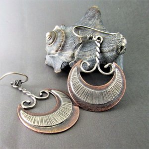 Mixed Metal, Silver And Copper Akkadian Moon Earrings