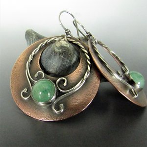 Mixed Metal, Copper And Sterling Silver Green Adventurine Earrings, Large Exotic Earrings