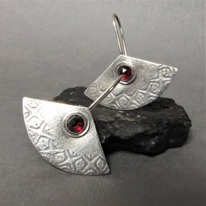 Argentium Sterling Silver And Garnet Earrings, Fan Shape, January Birthstone