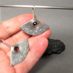 Argentium Sterling Silver And Garnet Earrings, Fan Shape, January Birthstone