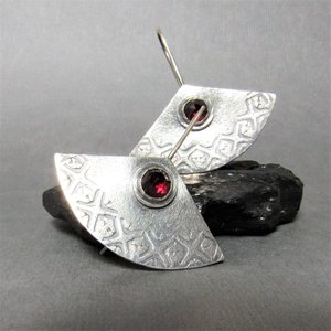 Argentium Sterling Silver And Garnet Earrings, Fan Shape, January Birthstone