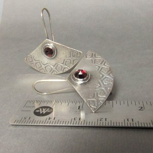 Argentium Sterling Silver And Garnet Earrings, Fan Shape, January Birthstone