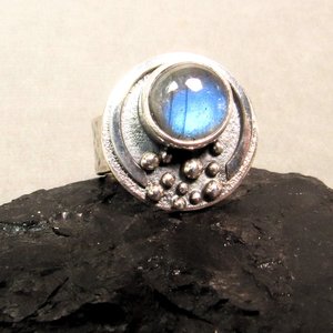 Labradorite Moon Ring, Sterling Silver Celestial, Lunar Jewelry, Size 7.75 or 8