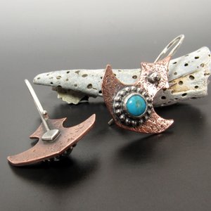 Mixed Metal Turquoise Earrings With Tribal Flair, Copper And Argentium Sterling Silver