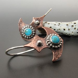 Mixed Metal Turquoise Earrings With Tribal Flair, Copper And Argentium Sterling Silver