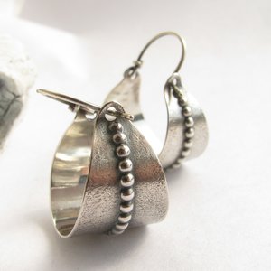 Argentium Silver Hoop Earrings, Beaded Basket, Silversmith Jewelry